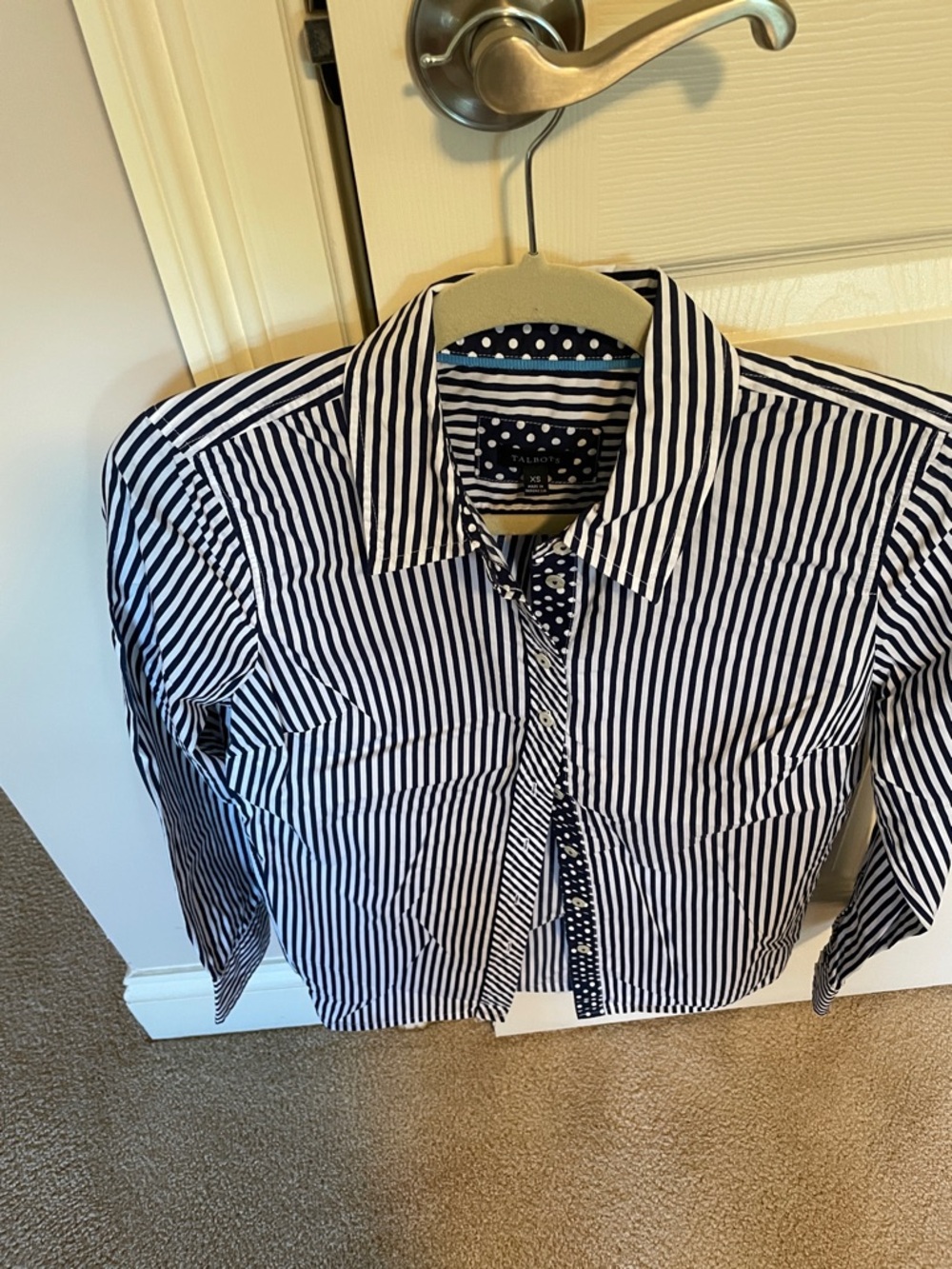 Talbots Navy and White Vertical Stripe Button-Down Shirt